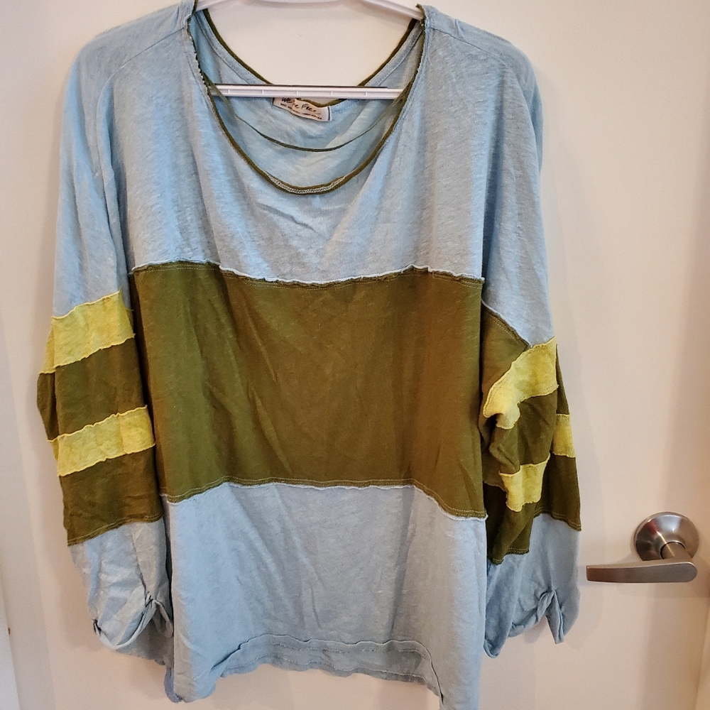 Free People Blue and Green Colorblock Oversized Long Sleeve Tee